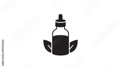 Bottle with dropper and leaves icon showing organic liquid or essential oil, representing natural health and wellness products.