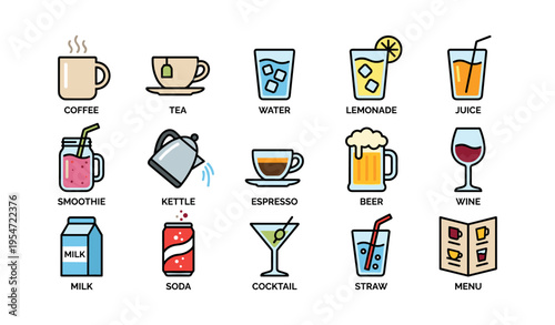 Colorful variety of popular beverages icons including tea beer cocktail juice