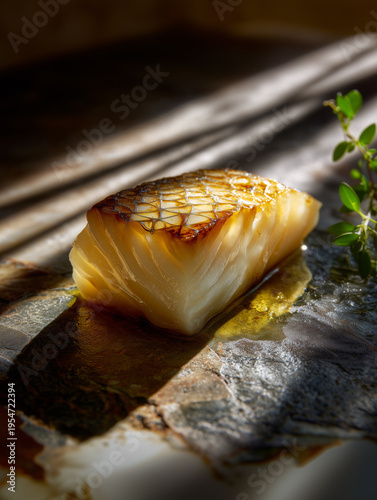 Gourmet grilled black cod with a miso glaze, featuring caramelized skin and flaky white fish. Elegant Japanese-inspired seafood presentation.