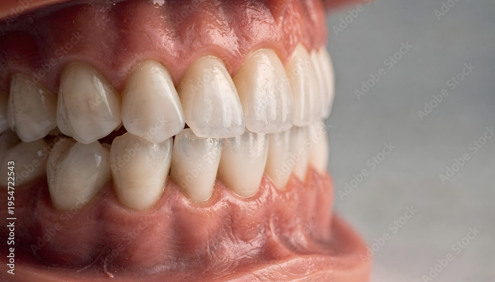 Obraz premium Close-up of a human jaw model showcasing healthy, clean white teeth and pink gums, useful for dental education, oral hygiene, and medical presentations