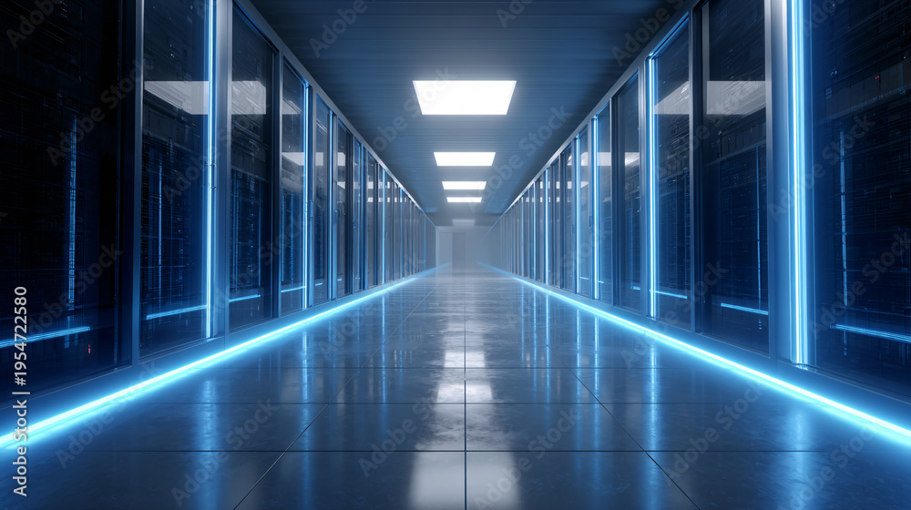 Fototapeta premium Modern data center corridor with server racks. Cloud computing, data storage, cybersecurity and IT infrastructure concept.