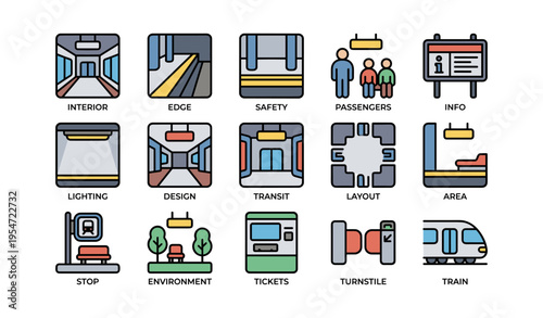 Public transit icons set: design, passengers, tickets, train, safety features