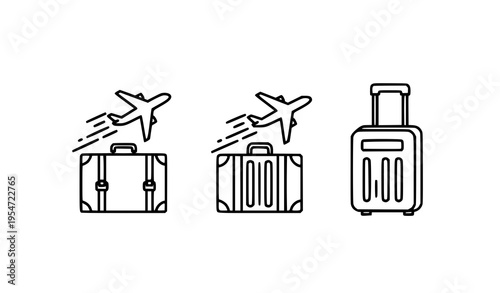 Travel suitcase with airplane line icons set minimal black outline luggage and flight express delivery symbols vector