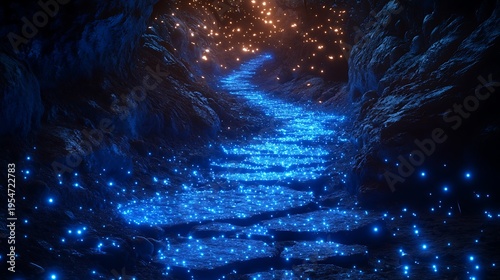 Enigmatic bioluminescent pathway through a mystical cave in vibrant colors