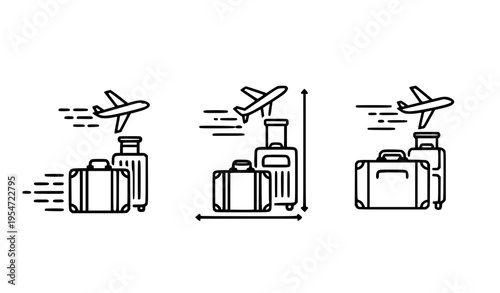 Airplane over suitcase line icon collection fast travel baggage delivery minimal black vector symbols