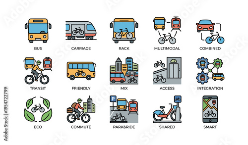 Multimodal transport icons illustrating eco-friendly transit and integration