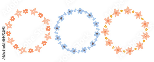 A set of floral wreaths with cute pink and blue flowers.  Botanical circle frames isolated on white background. Perfect for wedding invitation, logo, greeting card, and decorative design.