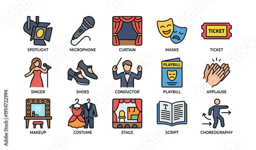 Theater elements including conductor, curtain, masks, and stage highlights