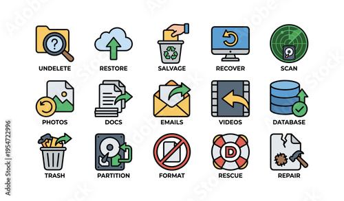 Data recovery and file management icons featuring restore and repair tools