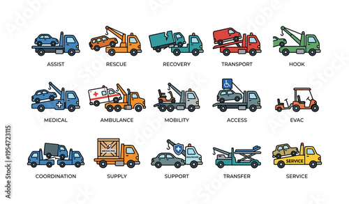 Colorful cartoon tow trucks and emergency vehicles for various services