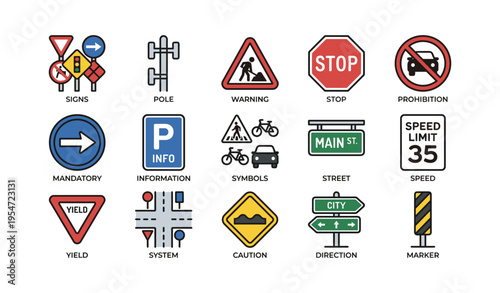 Variety of road signs including stop, yield, speed limit, and direction indicators