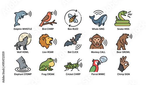 Animal sounds and communication: whistle, chirp, buzz, sing, hiss, howl, roar, click, call, growl