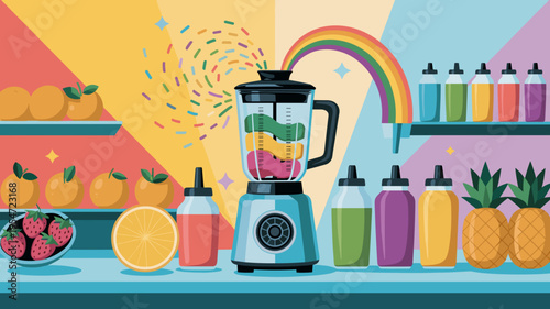 Fresh fruit juice bar with prismatic rainbow effects – Perfect for nutrition blogs, juice cleanse promotions, or cheerful cafe decor.