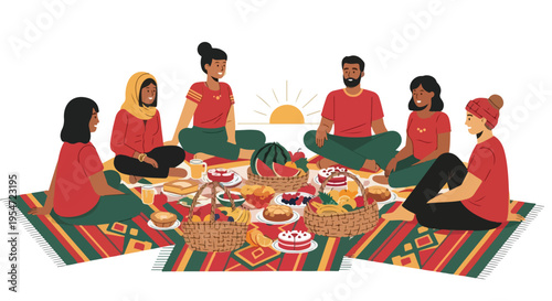 Diverse group of people sitting in a circle on a colorful blanket sharing a meal with baskets of food and plates in a casual outdoor setting with warm tones.