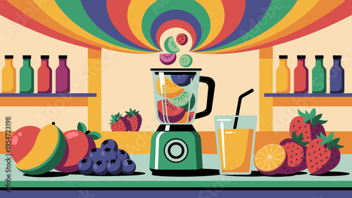 Modern juice bar illustration with swirling rainbows – Suitable for beverage industry ads, healthy eating campaigns, or energetic food blogs.
