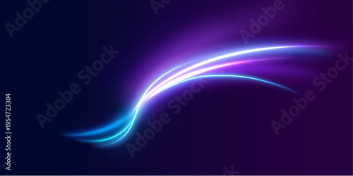 Radiant plasma ribbon curves through empty space. Fine glowing particles scatter along the arc. Transparent background enhances the dynamic effect.