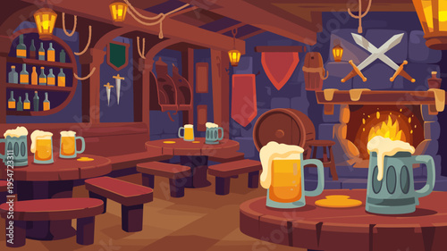 Detailed vector fantasy pub with fireplace – Perfect for fantasy book covers, tavern atmosphere videos, or game assets.