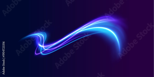 Electric blue waves twist into complex loops. Small glowing particles highlight the curves. The image feels alive and energetic.