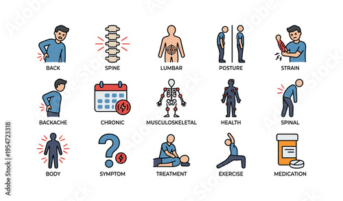 Musculoskeletal health and treatment: spine, posture, exercise, medication, symptoms