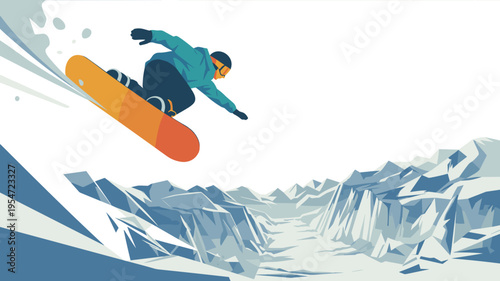 Snowboarder jumping over crystalline valley – Ideal for winter sports marketing, extreme adventure blogs, or ski resort ads.
