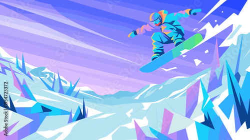 Dynamic snowboarding jump over ice peaks – Perfect for winter tourism, action sports photography, or cold weather gear.