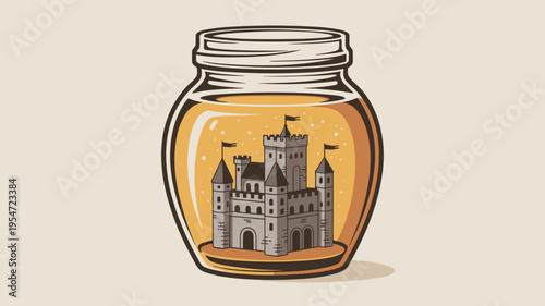 Golden honey jar containing tiny stone castle – Great for magical product packaging, fantasy blogs, or creative food art.