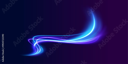 Neon blue lines twist into a smooth spiral. Small particles shimmer around the motion path. The scene suggests speed and modern energy.