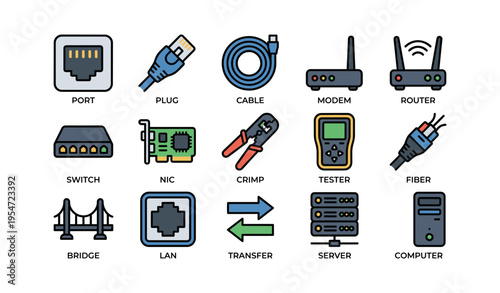 Network equipment icons: ports, plugs, cables, routers, servers, computers