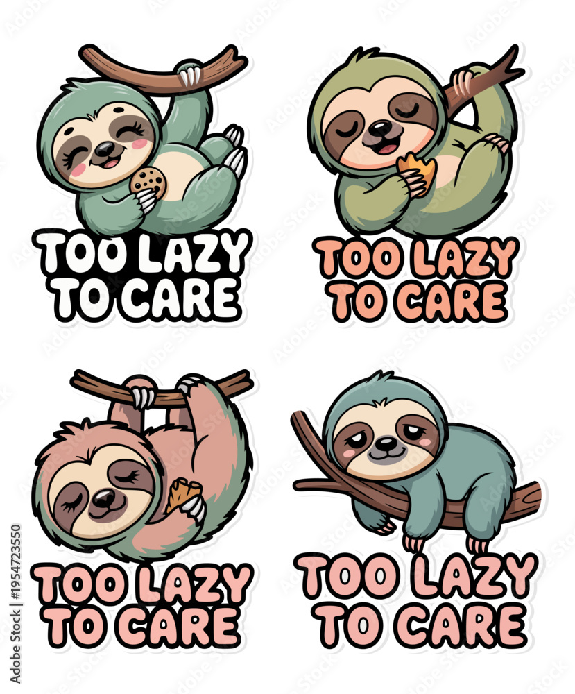 Fototapeta premium Cute Sloth Cartoon Sticker Set.