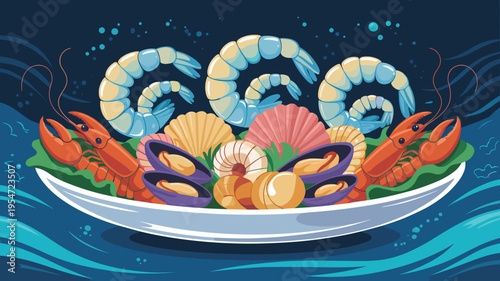 Seafood platter with bioluminescent shrimp – Ideal for gourmet dining, futuristic food concepts, or luxury catering.