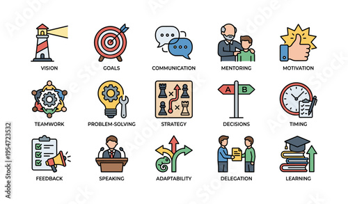Icons representing vision, goals, communication, mentoring, and motivation in business settings