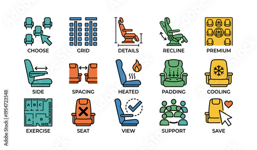 Icons for choosing airplane seats: recline, premium, heated, and more options