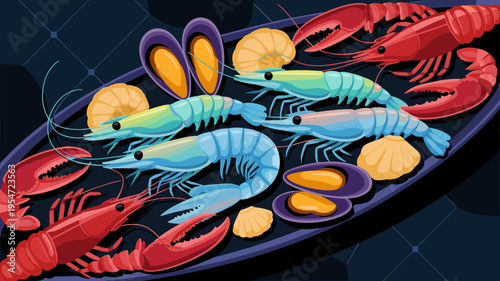 Bioluminescent shrimp on dark seafood platter – Suitable for high-end hospitality, science-fiction food, or appetizer menus.
