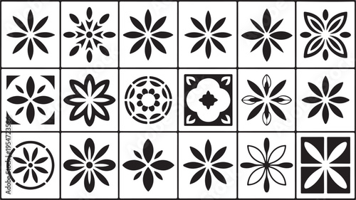 Collection of various flower patterns and designs on square tiles