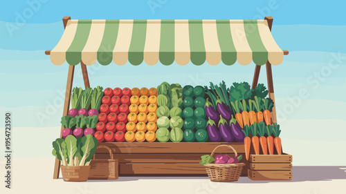 Farmers market stall with rainbow vegetables – Ideal for organic grocery ads, healthy eating blogs, or local food flyers.