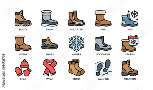 Illustrated collection of winter footwear and accessories for cold weather