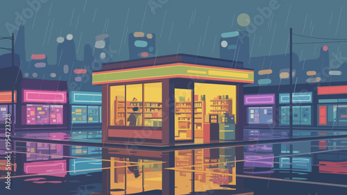 Rainy neon city convenience store at night – Great for lofi hip hop aesthetics, city nightlife content, or tech-noir themes.