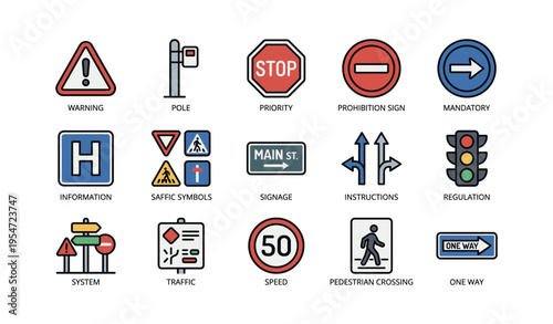 Road signs and symbols for traffic safety and regulation