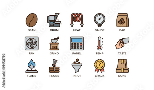 Coffee brewing process icons collection: bean, grind, heat, gauge, taste