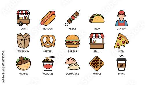 Colorful icons of diverse street food items including hotdog, kebab, taco, and more