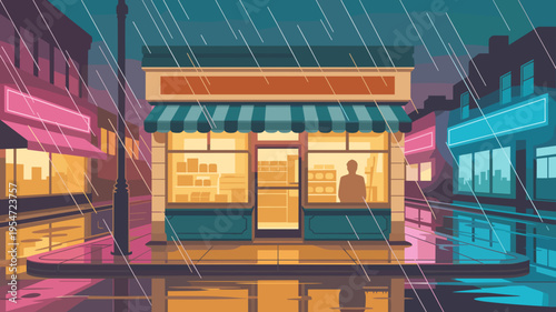 Cozy convenience store in rainy urban cityscape – Perfect for relaxation videos, retro-future branding, or moody web design.