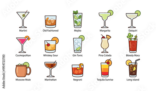 Assorted cocktail collection: martini, mojito, margarita, pina colada, bloody mary