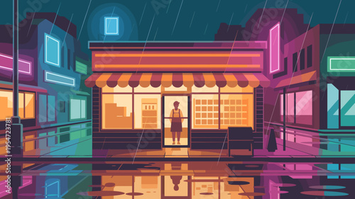 Neon lit shop in rainy metropolitan street – Suitable for evening atmosphere concepts, modern urban art, or lofi aesthetic decor.
