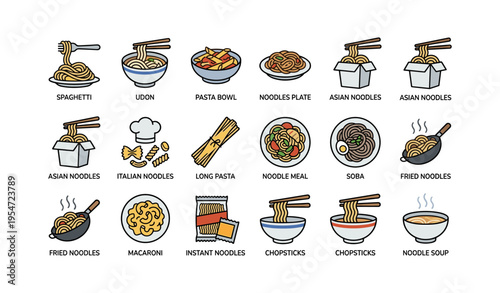 Various noodles and dishes with chopsticks featuring asian and italian styles