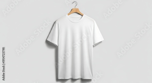 White tshirt hanging on wooden hanger against plain wall