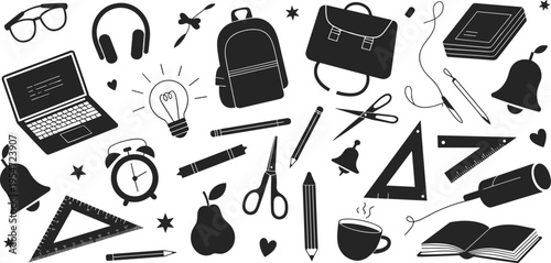 Vector Illustration Set of School Supplies Silhouettes Including Laptop Backpack Books Scissors Stationery and Creative Education Icons for Back to School Teacher and Student Designs