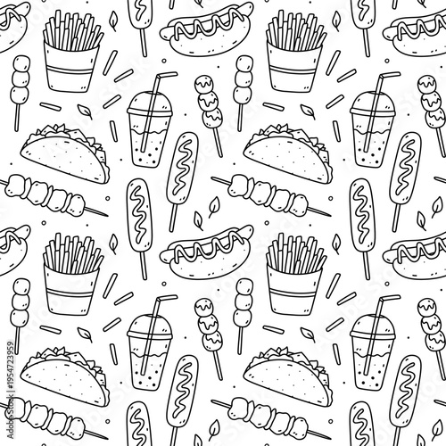 Seamless hand-drawn street food pattern with hot dog, taco, fries, drink and snack. Cute doodle fast food illustration in black outline style, perfect for packaging, menu, and textile design.