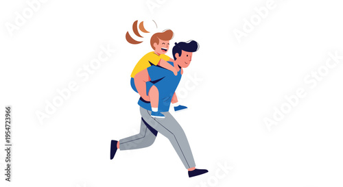 A man playfully carries a child on his back in a lively, dynamic pose against a clean white background with a cheerful mood.