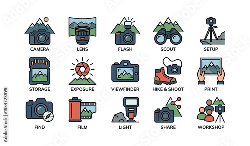 Photography tools and concepts icons: camera, lens, flash, film, setup