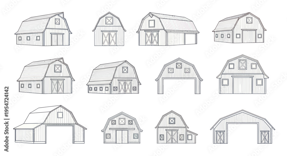 Fototapeta premium Collection of Barn Illustrations: Various Styles of Farm Buildings